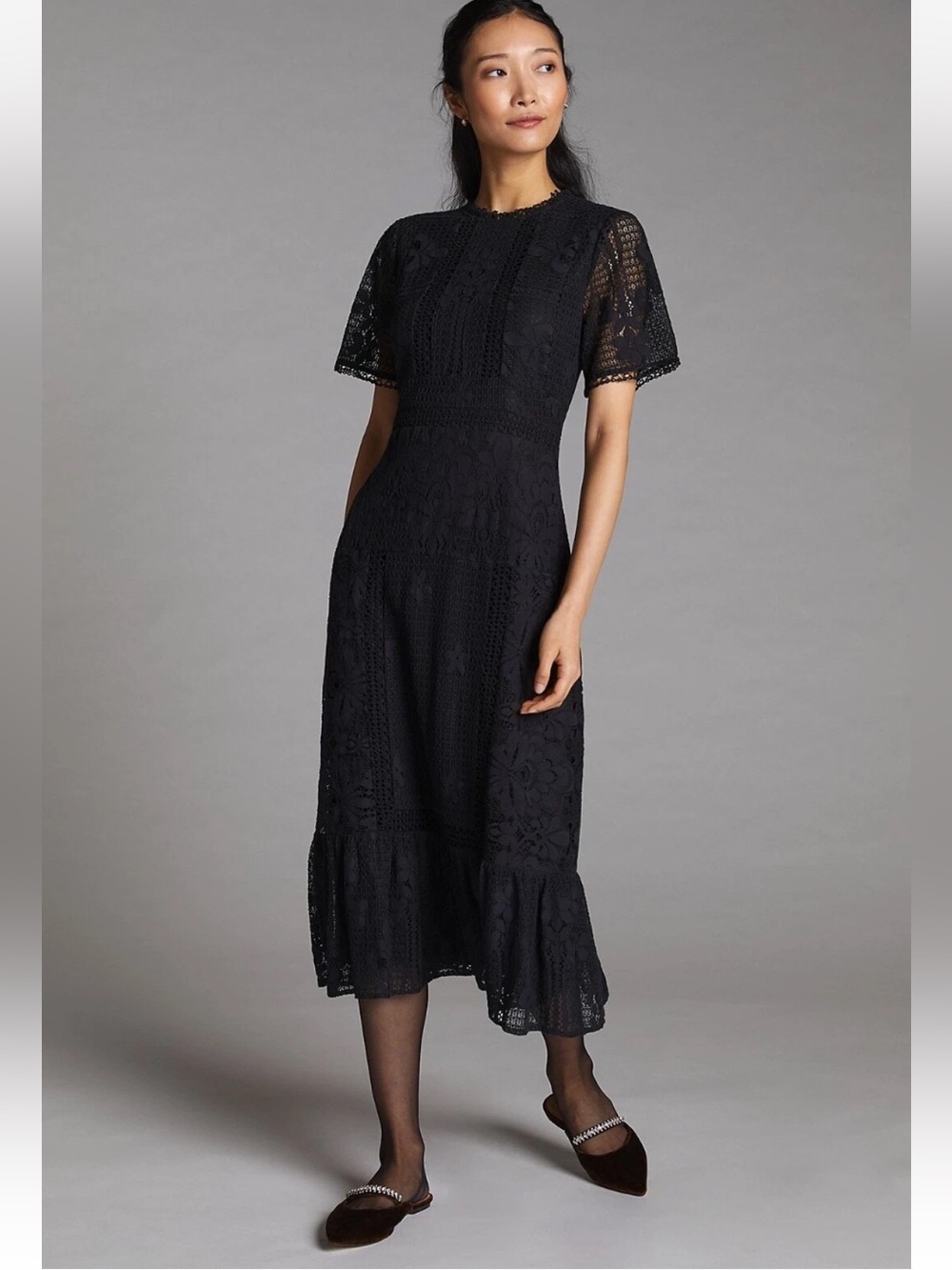 Lace midi dress black Anthropologie Forever that girl L sold out modest elegant